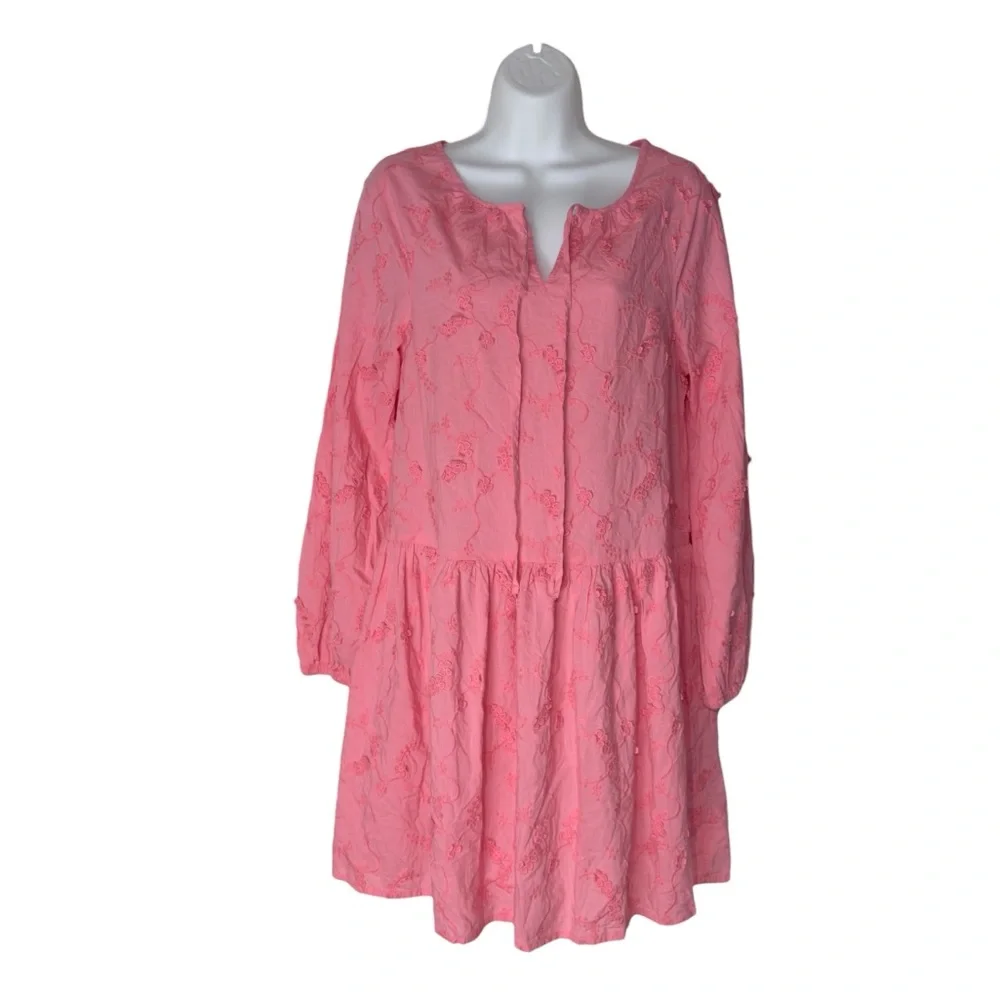 M&S Collection Pink 3D Embroidered Floral Cotton Boho Short Shift Dress Medium - Picture 2 of 4